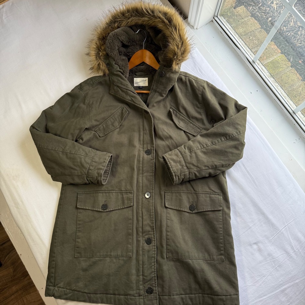 Universal Thread Womens Olive Green Faux Fur Trim Hooded Utility Parka Jacket M